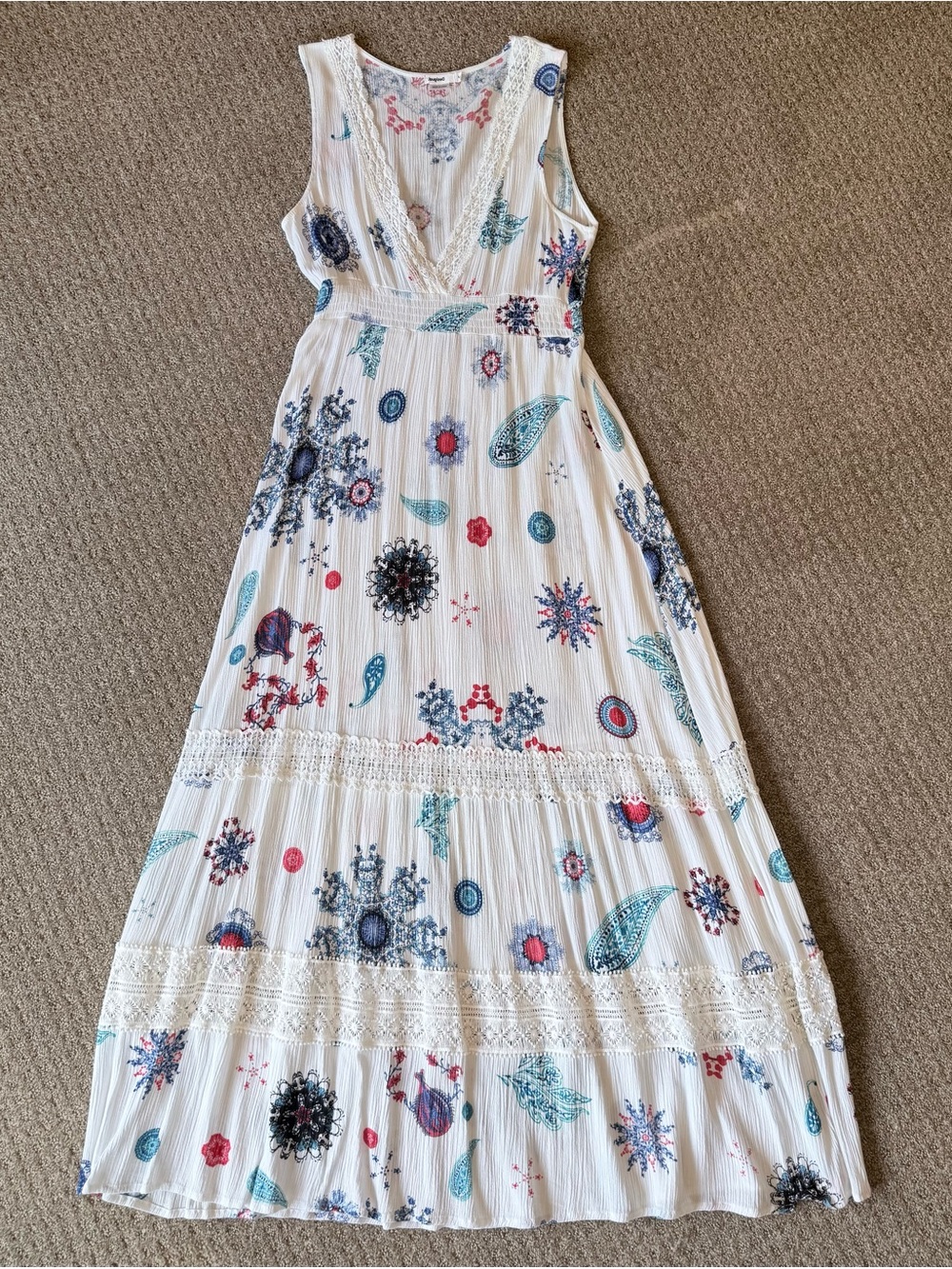 Desigual White Midi Dress with Blue, Teal & Red Paisley Print